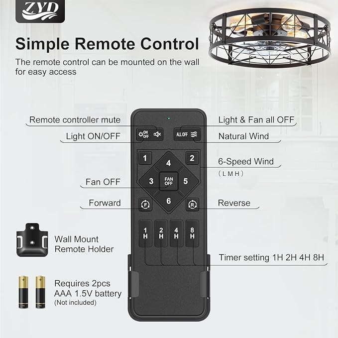ZYD Caged Ceiling Fan with Light, 20" Ceiling Fan with Lights and Remote Flush Mount, Bladeless Caged Ceiling Fans with Lights, Matte Black Rustic Fan for Bedroom, Kitchen, Dining Room