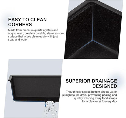 Mocoloo 33 Inch Black Granite Composite Kitchen Sink - 33x19 Undermount Ledge Workstation, Matte Black Quartz Single Bowl Under Counter Kitchen Sinks