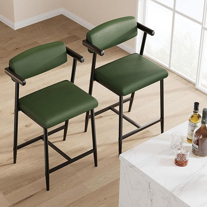 GarveeHome Counter Height Bar Stools Set of 2 with Armrests, 26" Upholstered 2pcs Tall Bar Stools Set, Long Backrest & Extra Thick Cushion, Modern High Barstools for Kitchen Island, Pub, Rustic Green
