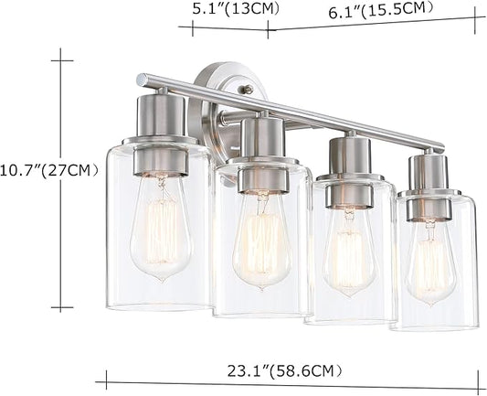 Brushed Nickel 4-Light Bathroom Light Fixture Over Mirror Sink, 4-Light Bathroom Vanity Lights Brushed Nickel Vanity Wall Sconce for Mirror