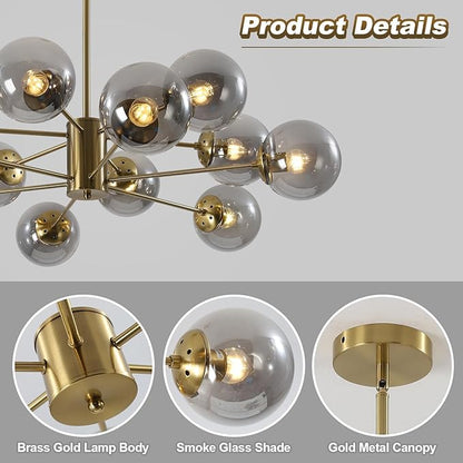 KCO Lighting Modern Large Sputnik Chandelier Gold Sputnik Ceiling Light Fixture 12-Lights Smoke Glass Globe Flush Mount Chandelier Mid Century Round Dining Room Chandelier
