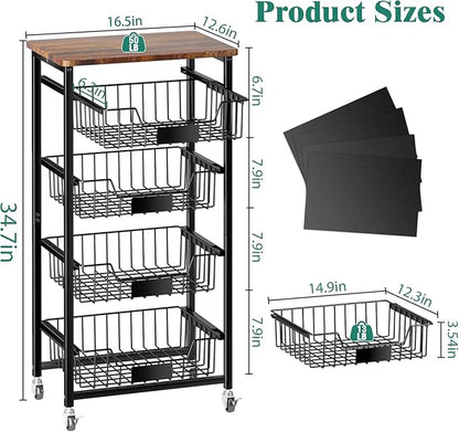 XYZLVSI Kitchen Storage Cart with Wheels, 5-Tier Metal Utility Rolling Cart Fruit Vegetable Storage Basket Pantry Rack with Wood Top & Pull Out Baskets for Kitchen, Livingroom, Diningroom, Office