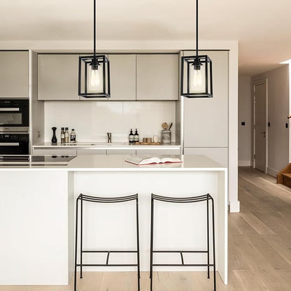 Matte Black Farmhouse Pendant Light Fixtures, Industrial Kitchen Island Light, Rectangle Linear Metal Hanging Lighting Fixture Ceiling Mount with Clear Glass Shade E26 Base for Dining Room, 2 Pack