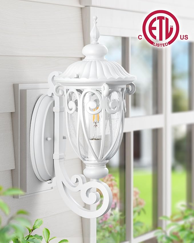 VIANIS Dusk to Dawn Outdoor Garage Lighting Fixtures White, Delicate Exterior Lighting Fixtures with Bubble Glass, White Porch Lights Outdoor for Doorway, Garden, Garage, Vintage Style, Waterproof