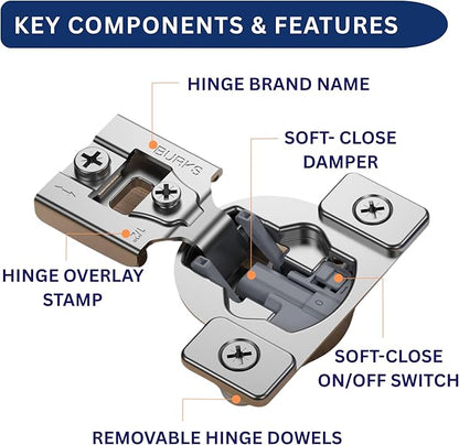 Burks Hinges 10 Pack 1/2'' Overlay Soft Close Hinges for Kitchen Cabinets - Stainless Steel, Anti-Rust, Self Closing Concealed Hinges, Installation Instruction and Screws Included