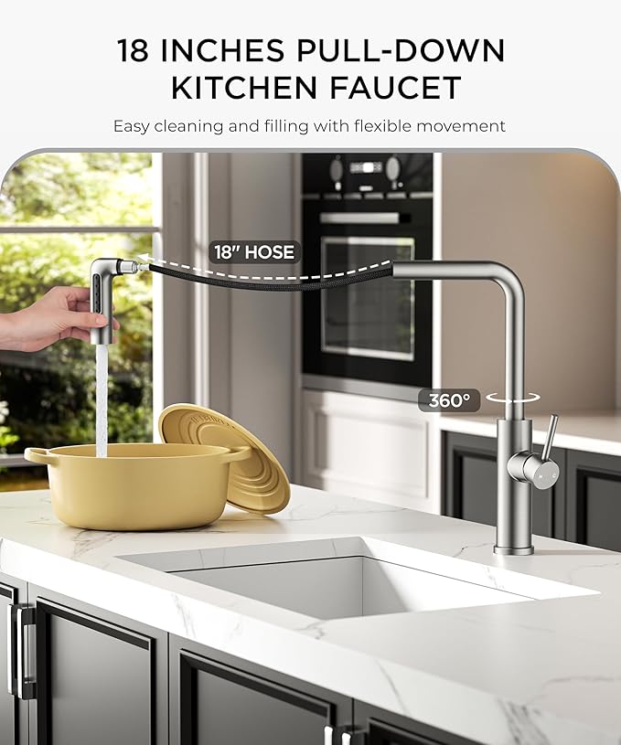 FORIOUS Waterfall Kitchen Faucet with Pull Down Sprayer, 5 Spout Modes Brushed Nickel Stainless Steel Single Handle 360° Swivel Classic Kitchen Sink Faucet with Deck Plate for 1 or 3 Hole for Bar Rv