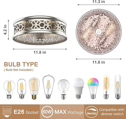 EAPUDUN Flush Mount Ceiling Light, 12 Inch 2 - Light Vintage Ceiling Light with Rippled Glass, Brush Nickel Ceiling Fixture for Hallway Corridor Kitchen Bathroom Bedroom Passway FMA1538-PLN