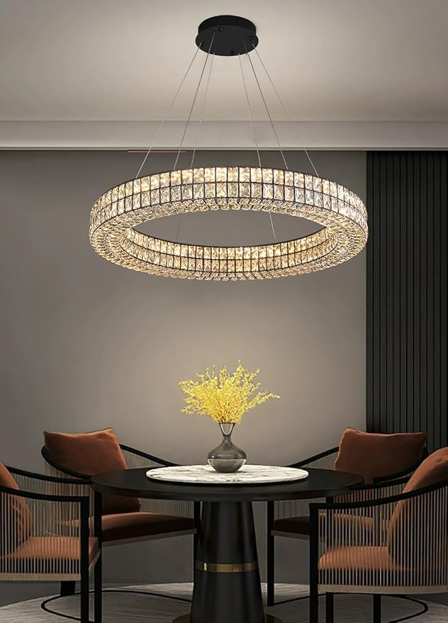 Modern Led Ring Chandelier Dimmable Crystal Chandelier for Living Room Dining Room 32 inch Black Adjustable Ring Pendant Light