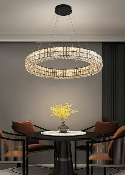 Modern Led Ring Chandelier Dimmable Crystal Chandelier for Living Room Dining Room 32 inch Black Adjustable Ring Pendant Light