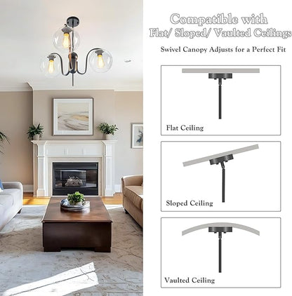 Industrial 3-Light Black Chandelier with Downward Curved Arms, Modern Pendant Light Fixture with Clear Glass Shade, Metal Hanging Ceiling Lighting for Kitchen, Dining Room, Entryway