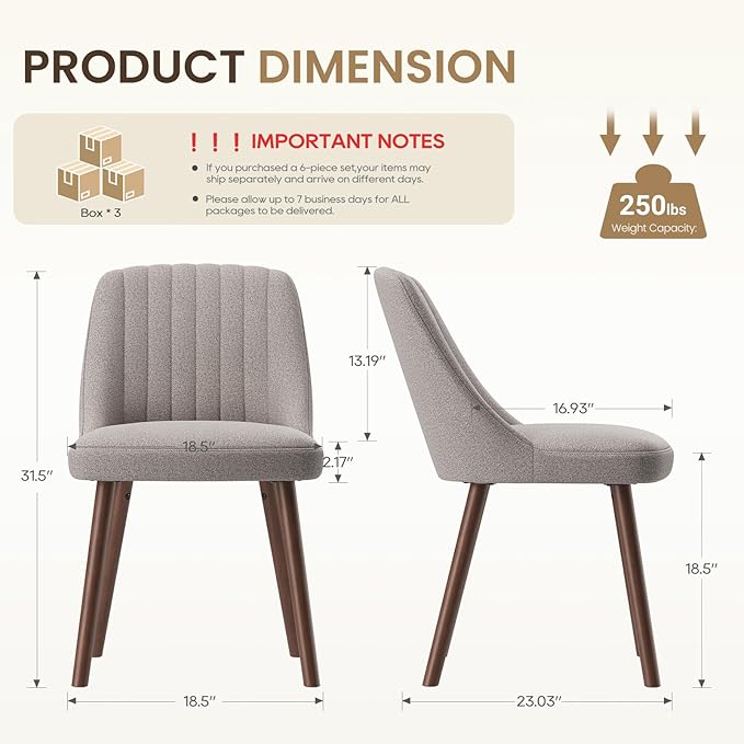 MALOL Upholstered Dining Chairs Set of 6, Modern Fabric Kitchen Chairs with Back, Wood Legs for Kitchen Dining Room Restaurant, Taupe
