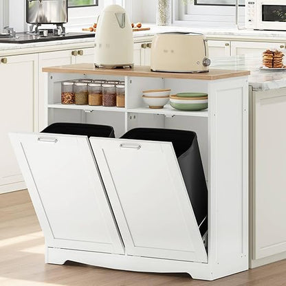 HOOBRO Double Tilt Out Trash Can Cabinet, 20 Gallon Kitchen Trash Bin Cabinet, Hidden Trash Storage with Open Compartments, Hidden Laundry Hamper, for Kitchen, Laundry, White and Natural WN04LJ01