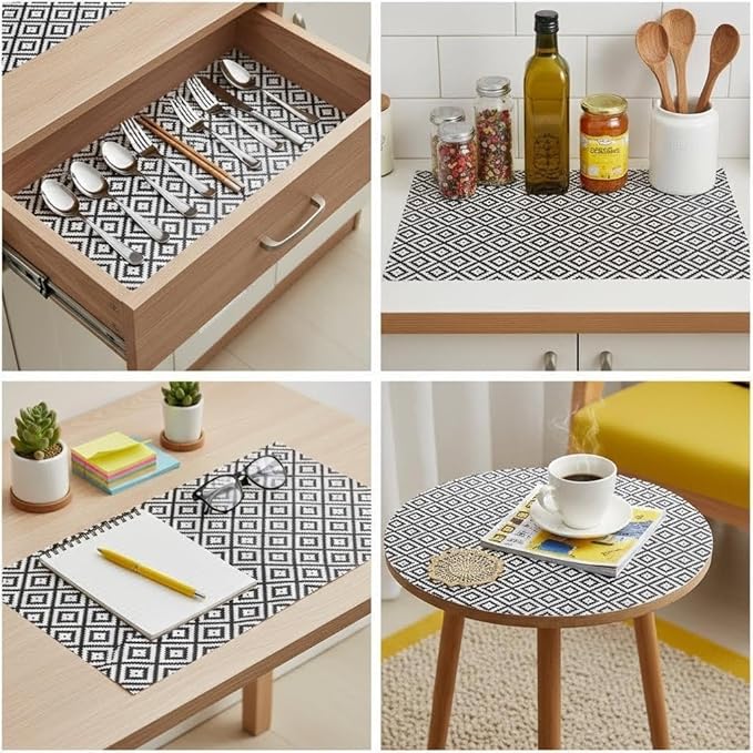 Coavas Shelf and Drawer Liner, Non Slip Extra Grip Non Adhesive Waterproof Thickened Cabinet Mat, Easy Cut for Kitchen Pantry Bathroom Dresser Cupboard (Black Rhombic, 12IN x 10FT)