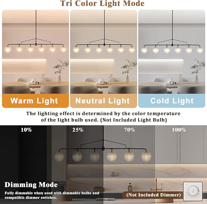 Modern Linear Chandelier Black and Gold Chandelier Dining Room Light Fixture 6 Lights Linear Pendant Light with Seedes Glass Globe Shade for Farmhouse Island Over Tble, Length 51.58 Inch
