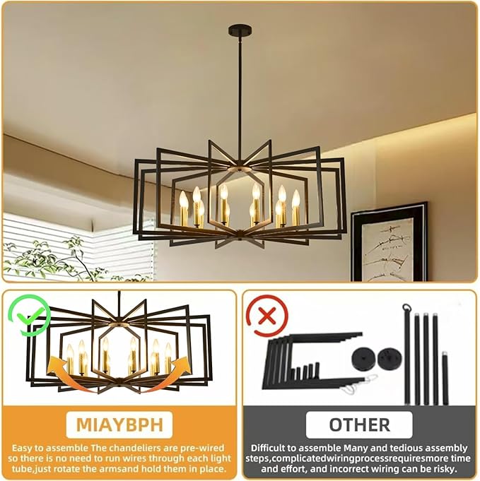 Black Chandelier for Dining Room,12-Light Large Dining Room Light Fixture Modern Geometric Metal Hanging Industrial Chandeliers for Entryway Kitchen Island Foyer Farmhouse Chandeliers (Black Gold)