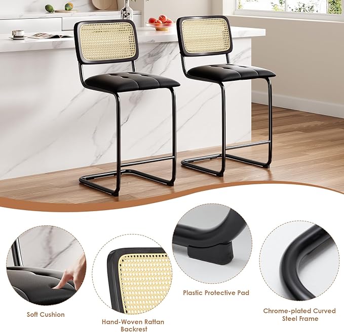 Counter Height Bar Stools Set of 2, Upholstered PU Leather Bar stools with Rattan Back, 26 inch Stools Armless Bar Chairs for Kitchen Island, Black