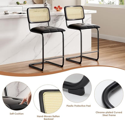 Counter Height Bar Stools Set of 2, Upholstered PU Leather Bar stools with Rattan Back, 26 inch Stools Armless Bar Chairs for Kitchen Island, Black