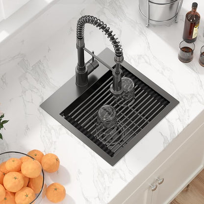 Sarlai Drop Bar Sink -15 Inch Black Outdoor Kitchen Sink Gunmetal Black Drop In Workstation 15 x 15 Topmount Stainless Steel 16 Gauge Single Bowl Kitchen Bar Prep RV Outdoor Sinks Basin