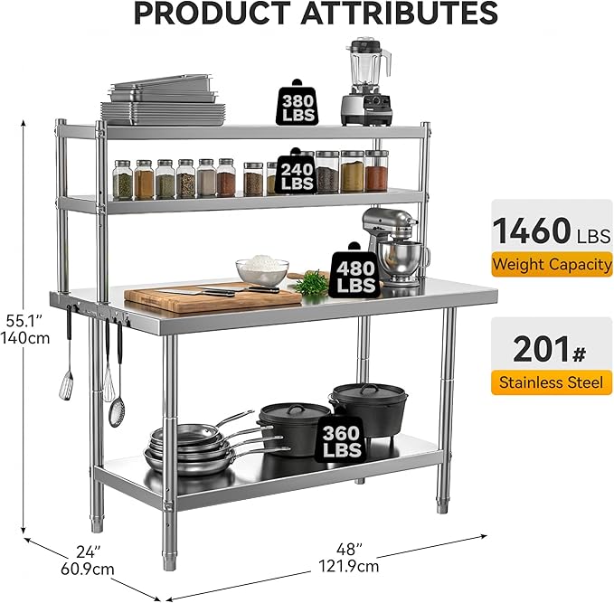 DWVO 48x24in Stainless Steel Table, NSF Metal Prep Worktable with Adjustable Overshelf for Kitchen Restaurant Hotel Garage Warehouse Home