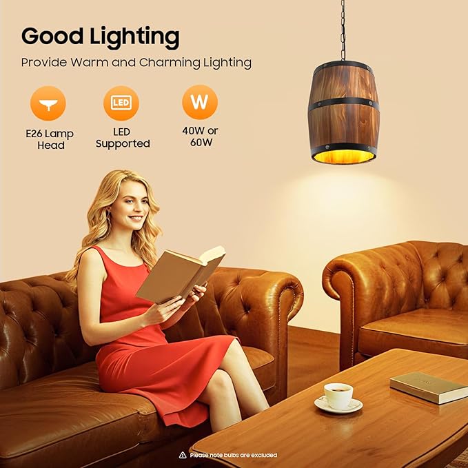 Retro Pendant Light,Wood Wine Barrel Fixture Hanging Decor,Rustic Unique Kitchen Bar Ceiling Lamp, Fashion Fixtures for Bar Cafe Home