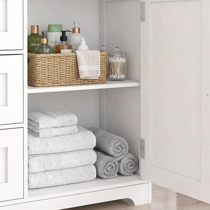 Casaphoria Bathroom Storage Cabinet with Drawers, Freestanding Floor Cabinet with Door and Adjustable Shelf, 4-Drawer Sideboard for Bathroom, Living Room, Kitchen, White