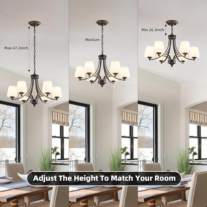 6-Light Farmhouse Chandeliers Black and Gold Dinner Room Light with Frosted Glass 47.2" Adjustable Pendant Ceilling Lighting Rustic Vintage Hanging Lamp for Kitchen Island Dining Table Living Room