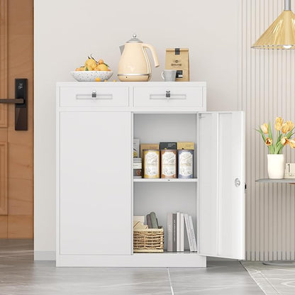 INTERGREAT Metal Garage Storage Cabinet, 36" Locking Counter Cabinet with 2 Locking Doors and 2 Adjustable Shelves, Small Steel Cabinet for for Home Office, Gym, School(White)