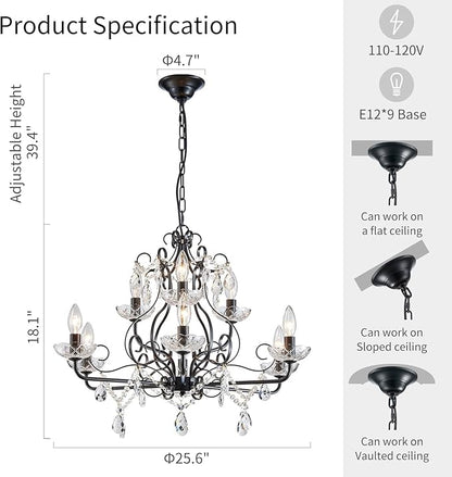 WUZUPS 9-Light Crystal Candle Chandelier Pendant Flushmount Ceiling Light Modern Lighting Fixture for Bedroom Hallway Bar Kitchen Bathroom, H 18.1" x W 25.6", Black, E12 Base