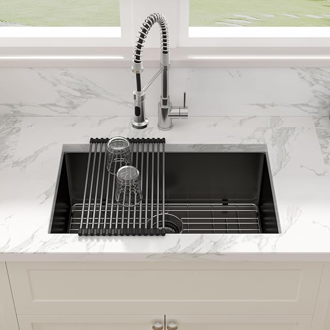Sarlai 28 Black Kitchen Sink Undermount - 28 x 18 Inch Kitchen Sink Gunmetal Black 16 Gauge Stainless Steel Single Bowl Undermount Kitchen Sinks Basin
