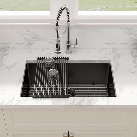 Sarlai 28 Black Kitchen Sink Undermount - 28 x 18 Inch Kitchen Sink Gunmetal Black 16 Gauge Stainless Steel Single Bowl Undermount Kitchen Sinks Basin