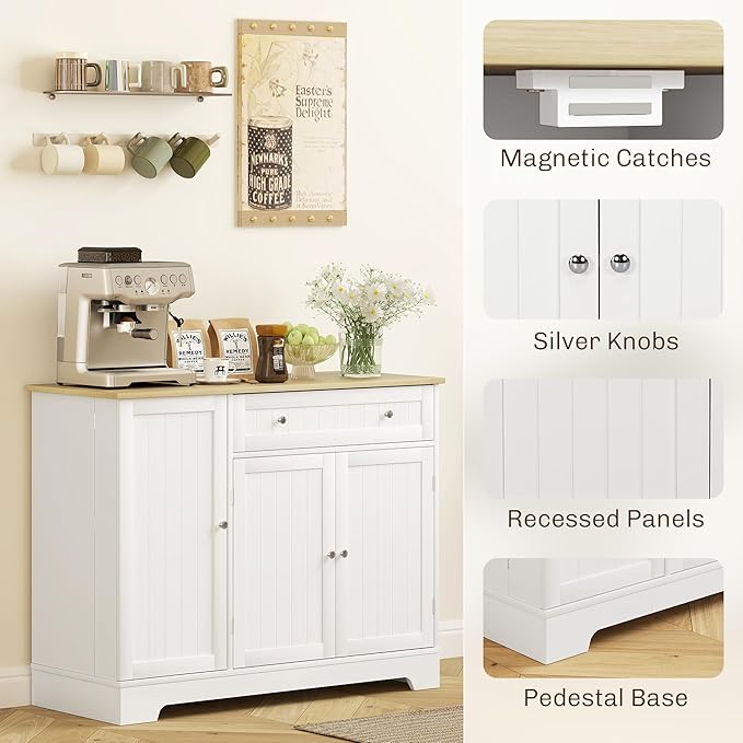 HOMCOM Modern Coffee Bar Cabinet with Storage, Sideboard Buffet Cabinet with Drawer, Adjustable Shelves, Small Kitchen Pantry with Door Shelves, White