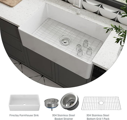 Farmhouse Sink, 33 Inch Large Undermount Kitchen Sink, 10" Deep Apron Front Farm Sinks, Ceramics White Single Bowl, Heavy Duty, Easy to Clean 33" x 20" x10"