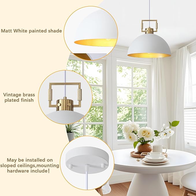 12'' Farmhouse Pendant Light 2 Pack White and Gold for Kitchen Island, Dome Industrial Metal Hanging Lighting Fixtures, Adjustable Height Dining Room Chandelier for Hallway and Foyer