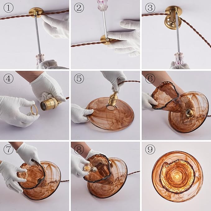 YLONG-ZS Vintage Glass Hanging Pendant Light Plug in, Modern Gold Brass Pulley Hanging Ceiling Pendant Lights for Kitchen Island,Dining Room,Living Room,Bedroom,Corner, Hotel