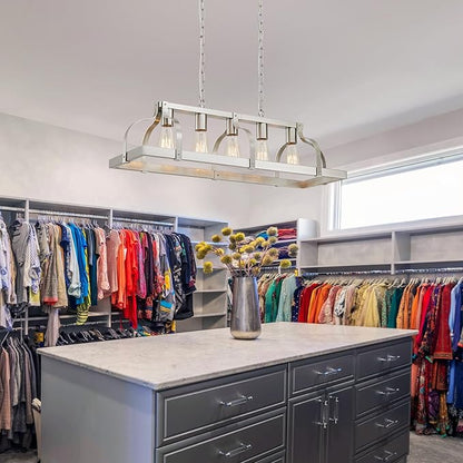 WUZUPS 5-Light Metal Chandelier Linear Pendant Ceiling Lighting Rustic Farmhouse Fixture Kitchen Island Dining Room, H 8.5" L 31.5" W10, E26 Base, Brushed Nickel
