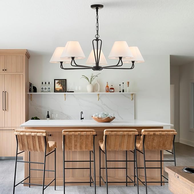 VILUXY Black Farmhouse Chandelier 5-Light Modern Chandelier with White Fabric Shade 35’’ Large Dining Room Light Fixture Adjustable Pendant Lighting for Kitchen Island Living Room, UL Listed