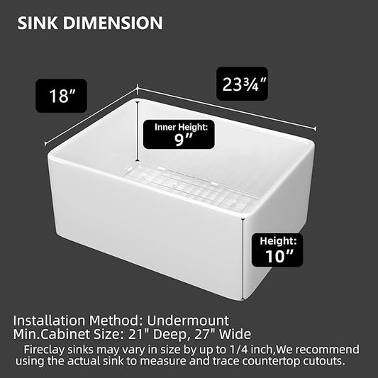 Miuara Farmhouse Sink 24 Inch - Small Apron Front Undermount Kitchen Sink Reversible 24"x18"x10", Farm House Style Single Bowl, Heavy Duty Solid Fireclay, Glossy White, for Kitchen & Laundry & Powder