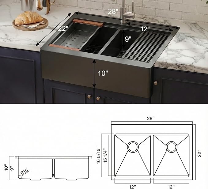 LQS Double Bowl Kitchen Sink, Undermount/Drop In Kitchen Sink, Double Bowl Stainless Steel Kitchen Sinks, 16 Gauge Stainless Steel Handmade Sinks (Black, 28" x 22" x 10")