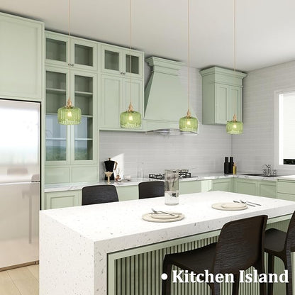 Shenmoyl Pendant Light 2 Pack with Green Striped Glass Lmapshade, Brass Vintage Pendant Light Adjustable Hanging Light for Kitchen Island Dining Room Hallway