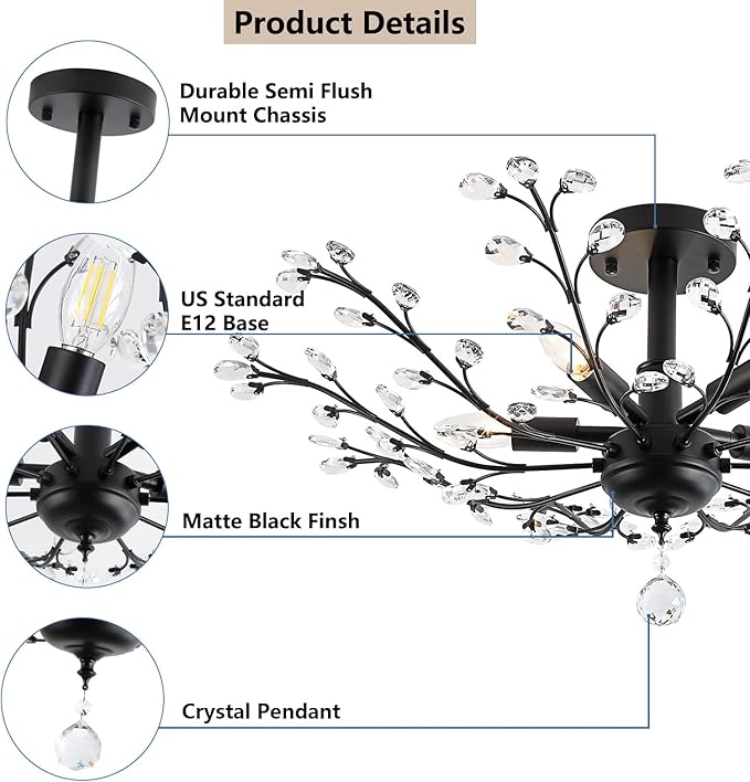 Modern 5 Light Small Crystal Chandelier 30 Inch Black Semi Flush Mount Ceiling Light Fixture for Kitchen Dining Room Bedroom Entryway Living Room Hallway, E12
