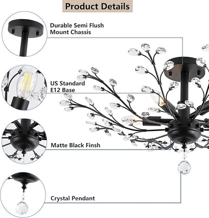 Modern 5 Light Small Crystal Chandelier 30 Inch Black Semi Flush Mount Ceiling Light Fixture for Kitchen Dining Room Bedroom Entryway Living Room Hallway, E12