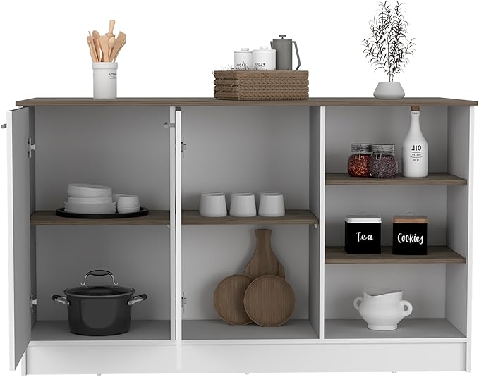 GOWE Kitchen Island Two Cabinets, Three Open Shelves, White/Dark Brown