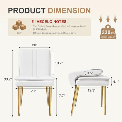 VECELO Upholstered PU Dining Chairs Set of 6, Kitchen Chairs with Padded Seat for Living Room, Dining Room, High Back and Steel Legs, Easy Assembly, White