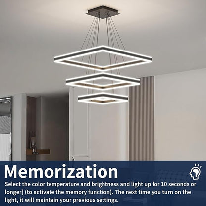 Modern Pendant Light Fixture, 3 Layer Square Black LED Chandelier for Dining Room Table, Dimmable 3000K-6500K, Adjustable Height Kitchen Island Ceiling Hanging Lighting for Living Room Bedroom