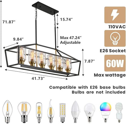 WJShome Black and Gold Chandelier, 6-Light Modern Chandeliers for Dining Room, Rustic Kitchen Island Lighting, Farmhouse Pendant Lights Kitchen Island, Dining Room Light Fixtures Over Table