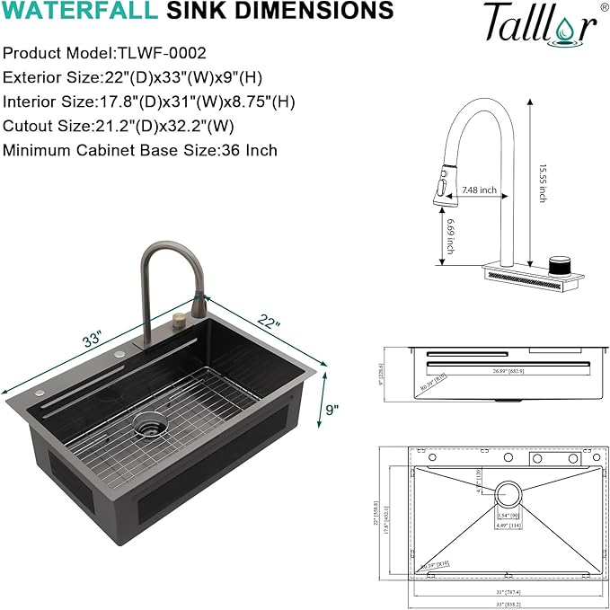 33x22 Gunmetal Black Drop In Kitchen Sink with Faucet, Waterfall Feature & Cup Washer, 16 Gauge 304 Stainless Steel, Workstation Accessories 3-Hole Sink for Residential Kitchen #TLWF-0001