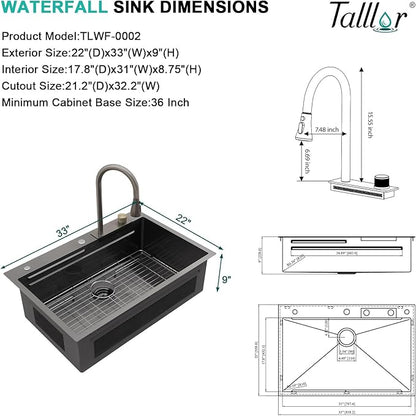 33x22 Gunmetal Black Drop In Kitchen Sink with Faucet, Waterfall Feature & Cup Washer, 16 Gauge 304 Stainless Steel, Workstation Accessories 3-Hole Sink for Residential Kitchen #TLWF-0001