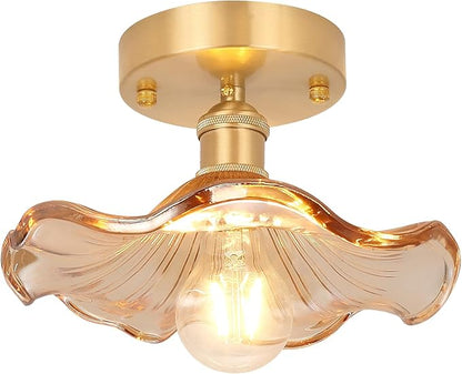 Shenmoyl Semi Flush Mount Light, Gold Hallway Vintage Fixture With Amber Water Lily Glass, Bulb Included, 4.72" Base Modern Ceiling Light for Porch Kitchen Bedroom