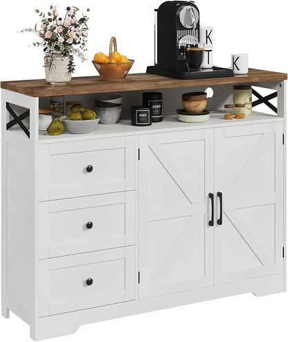 Befrases Farmhouse Buffet Cabinet with Drawers & Open Shelf, Sideboard with Storage, Kitchen Pantry Cabinet Hutch, Coffee Bar Station for Kitchen, Livingroom, 47" L White
