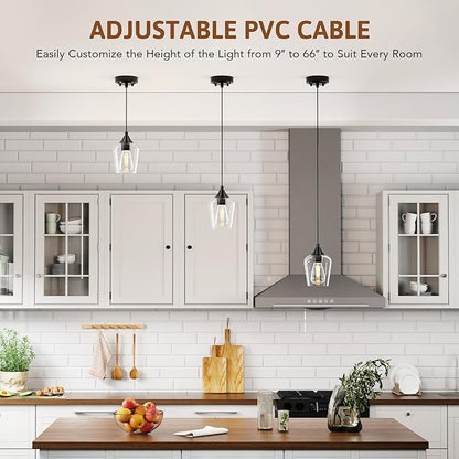 VONLUCE Pendant Lights Kitchen Island, Matte Black Pendant Light Fixtures with E26 Base & Adjustable Cable, Modern Pendant Lighting with Glass Shade for Living Room Bedroom Hallway, 3 Packs